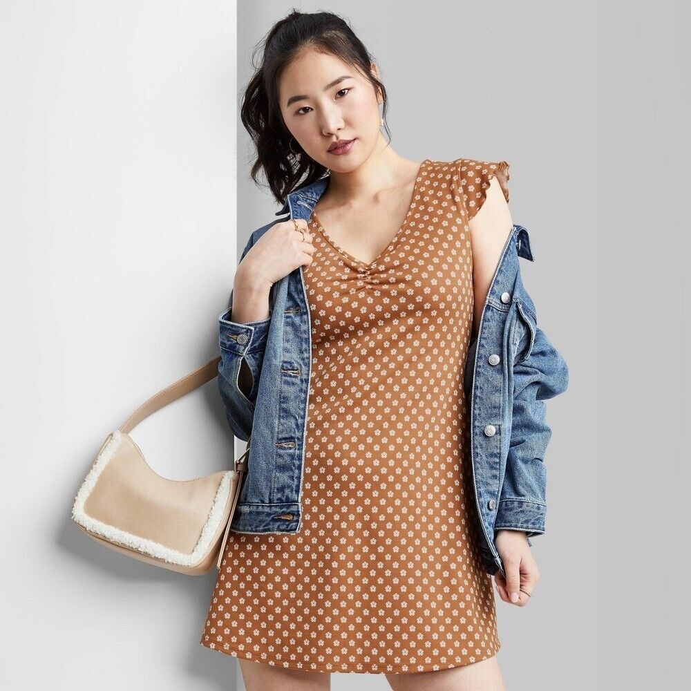 Wild Fable Brown Floral Lettuce Edge Skater Dress